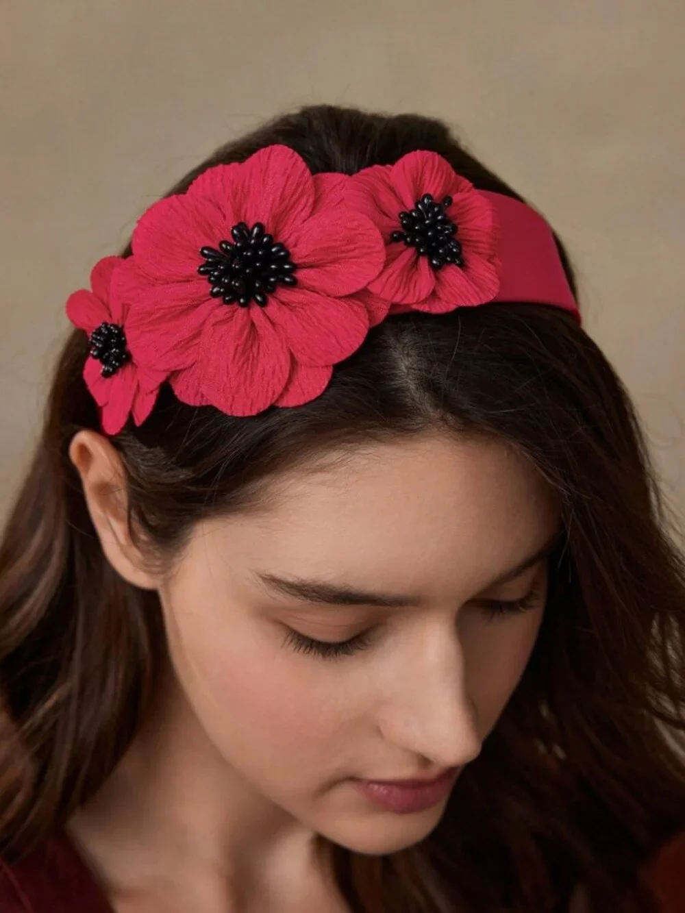 Crimson Floral Headband with Black Beaded Centers